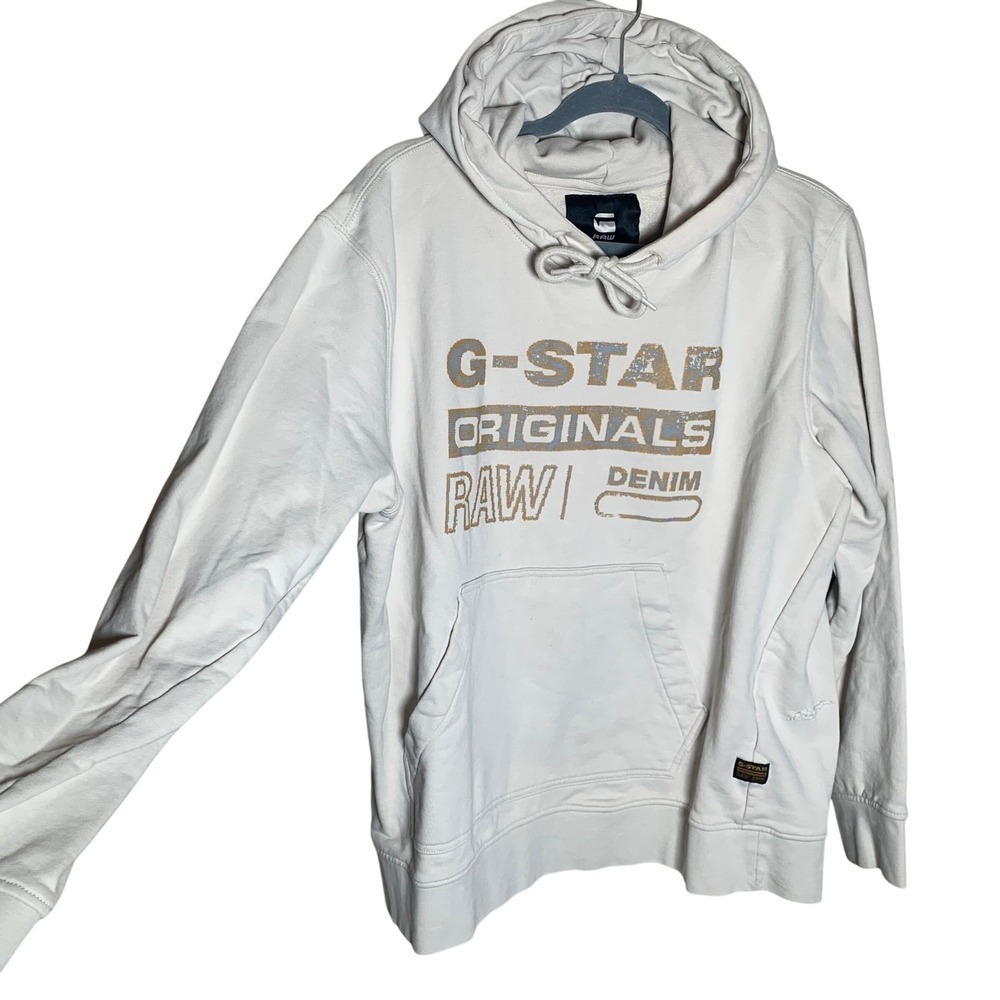 G-Star Raw Hoodie Mens XL Cream Distressed Originals RAW Denim *Flaw